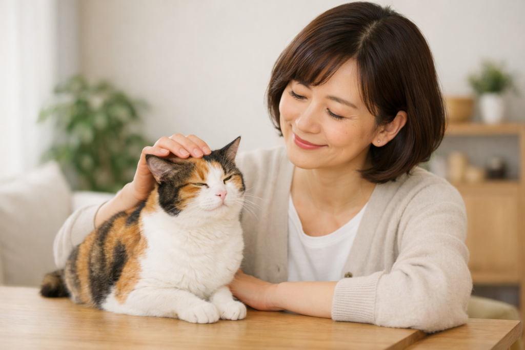 三毛猫と女性