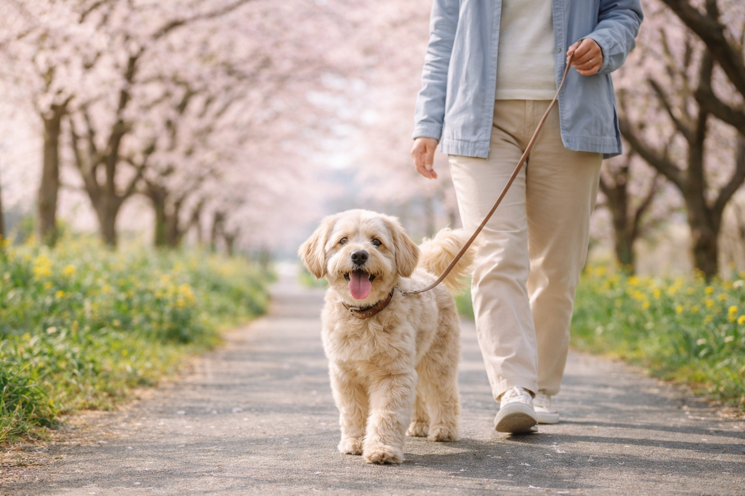 春のお散歩を楽しむ犬のイメージ